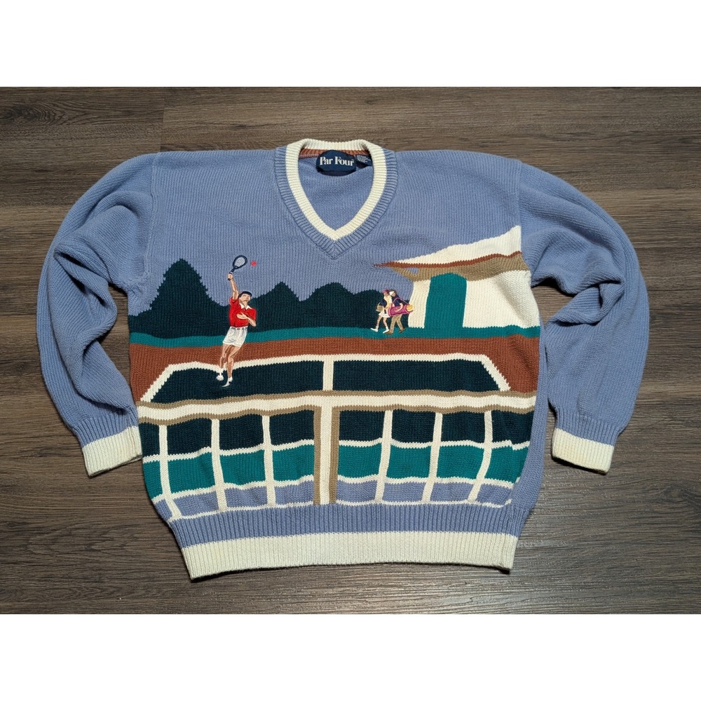 Vintage Par Four Tennis Graphic V-Neck Sweater Blue Ramie Cotton Blend Mens L